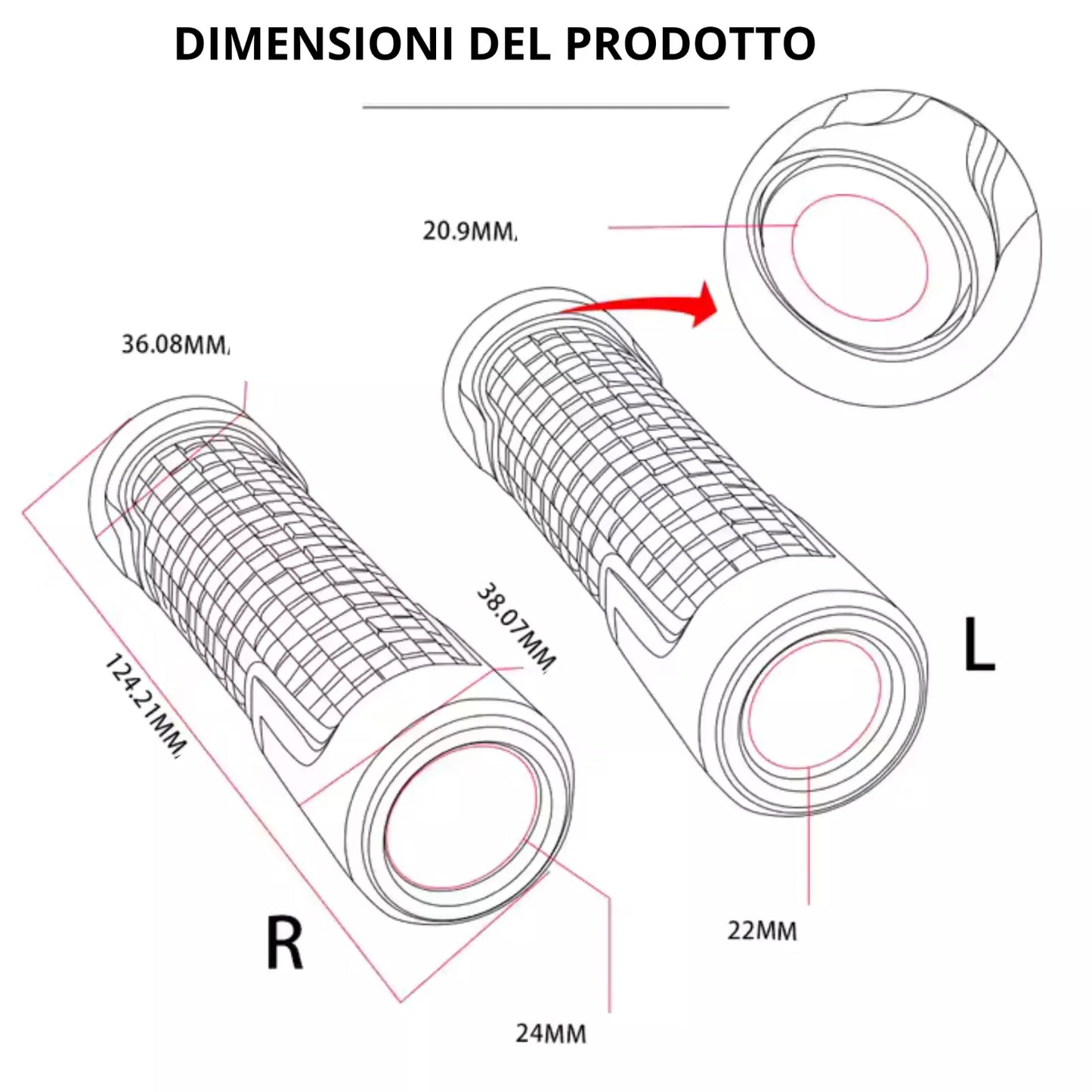 Manopole per Moto Scooter Universali Rosso in Alluminio CNC 22mm-24