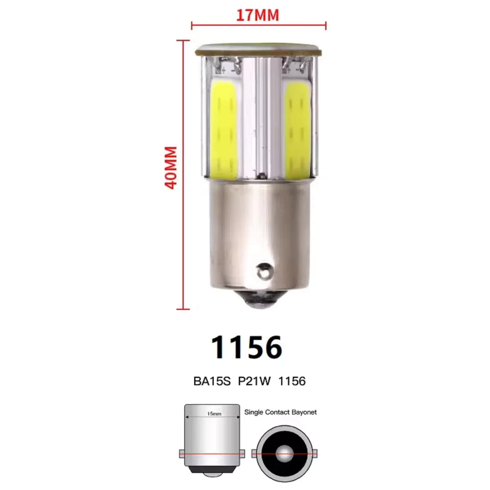 KIT 2 Lampadine Led COB 12V BA15S 1156 P21W Luce Bianca 6000K 400LM Luce Retro