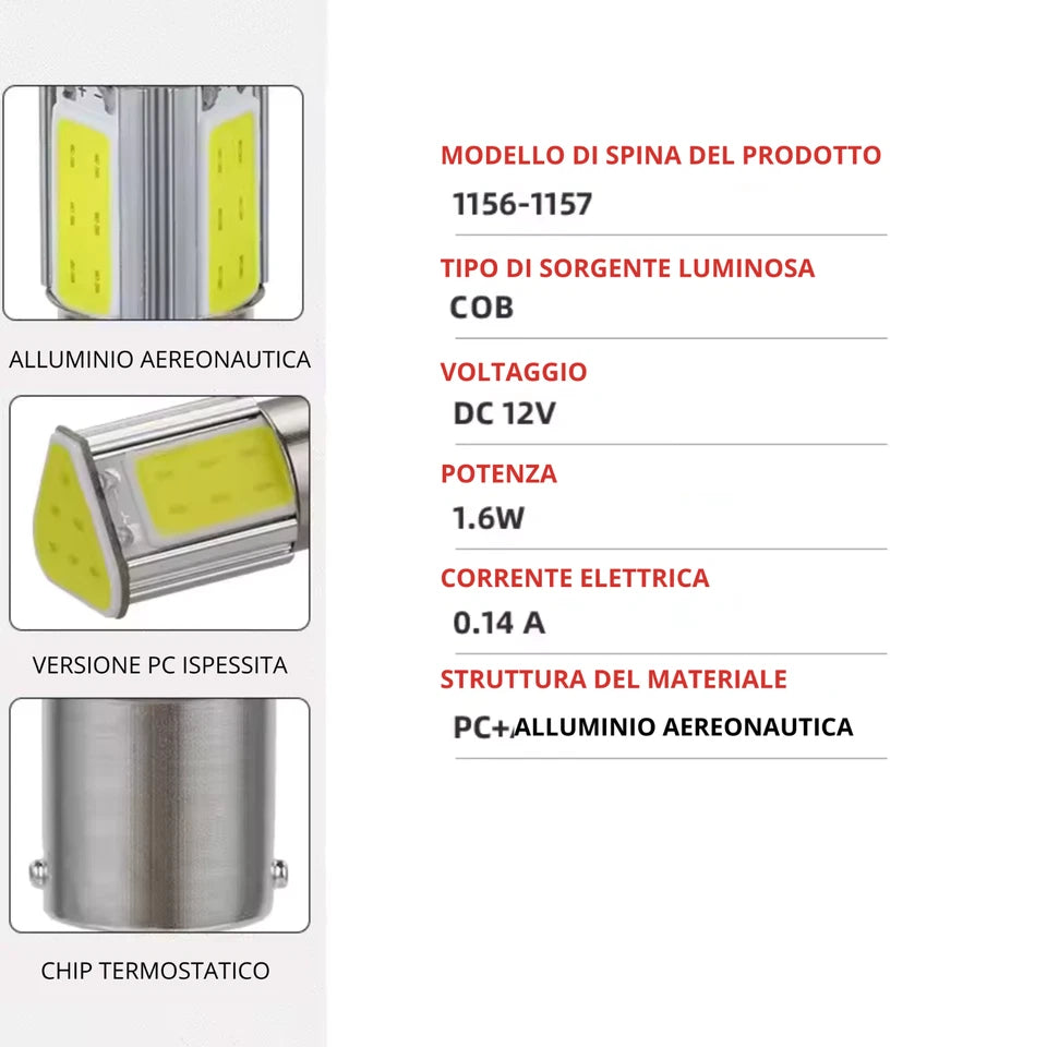 KIT 2 Lampadine Led COB 12V BA15S 1156 P21W Luce Bianca 6000K 400LM Luce Retro