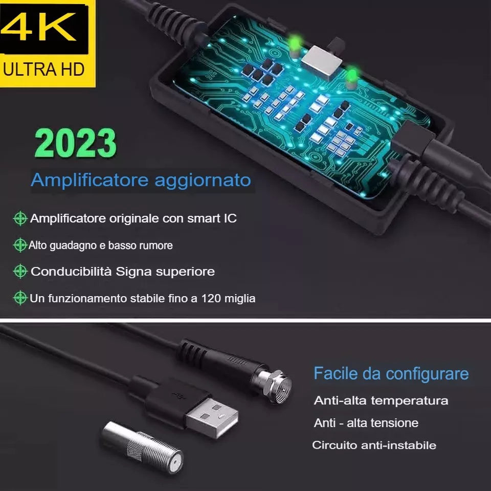 ANTENNA TV INTERNA AMPLIFICATA ANTENNA PER DTT DVB-T/DVB-T2 PER TV DIGITALE 4K
