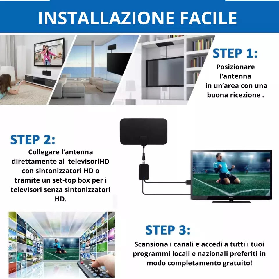 ANTENNA TV INTERNA AMPLIFICATA ANTENNA PER DTT DVB-T/DVB-T2 PER TV DIGITALE 4K